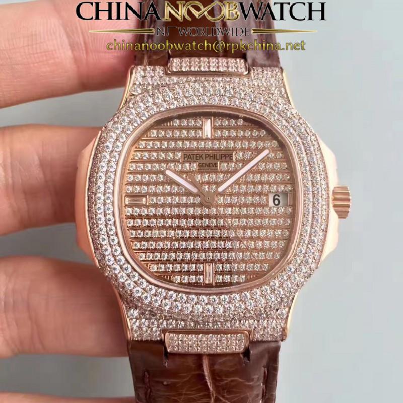 Replica Patek Philippe Nautilus Jumbo 5719/1G-001 DM Rose Gold & Diamonds Diamond Dial Swiss 324SC