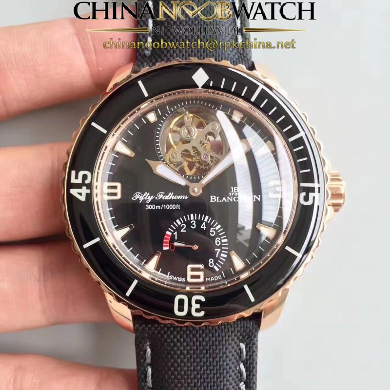 Replica Blancpain Fifty Fathoms Tourbillon 5025-3630-52A ZF Rose Gold Black Dial Swiss 25A