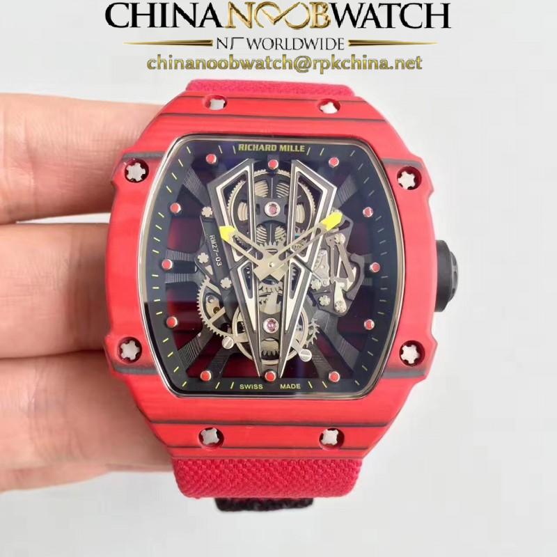 Replica Richard Mille RM27-03 Rafael Nadal KL Red Forged Carbon Black Skeleton Dial M9015