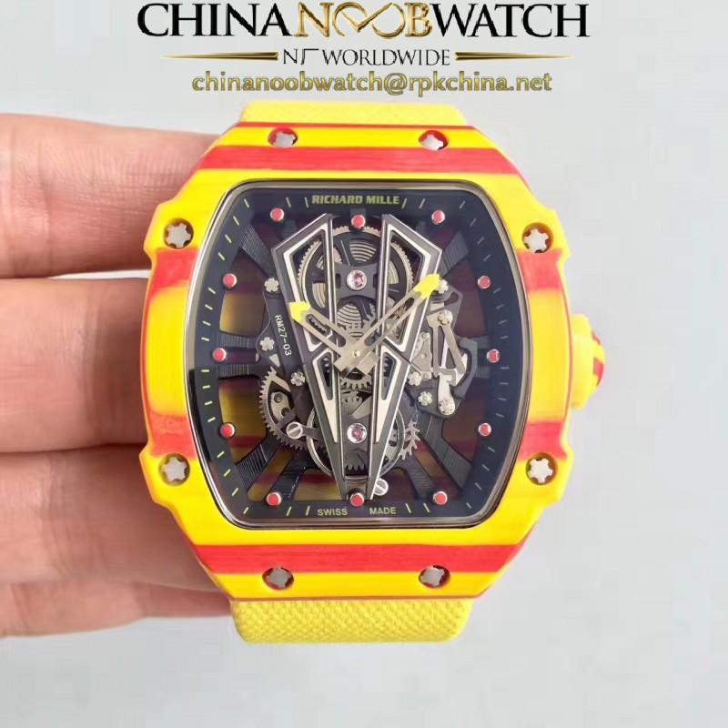 Replica Richard Mille RM27-03 Rafael Nadal KL Yellow & Red Forged Carbon Black Skeleton Dial M9015