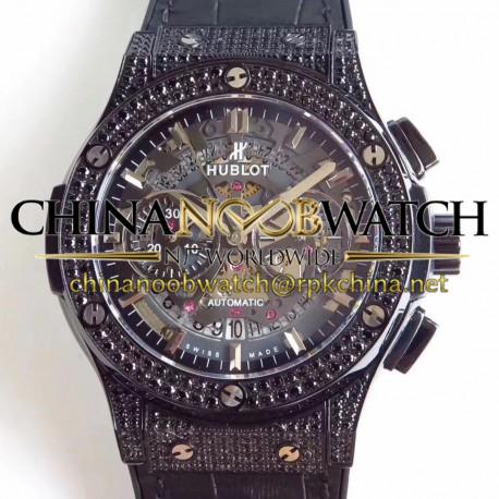 Replica Hublot Classic Fusion Aerofusion Black Magic  525.CM.0170.RX HBB V6 Ceramic & Diamonds Black Skeleton Dial Swiss 7750