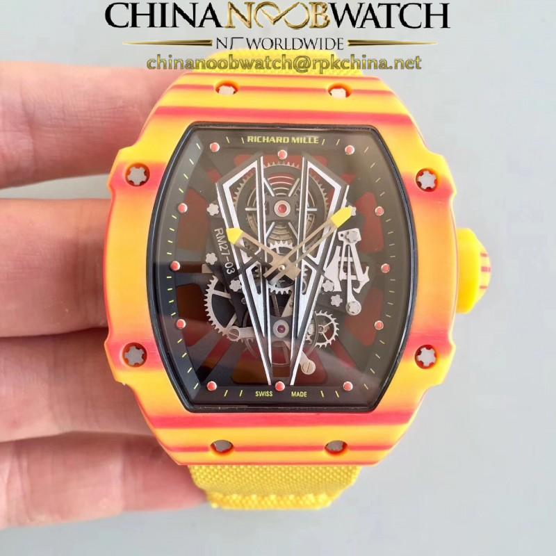 Replica Richard Mille RM27-03 Rafael Nadal RM Yellow & Red Forged Carbon Black Skeleton Dial M9015