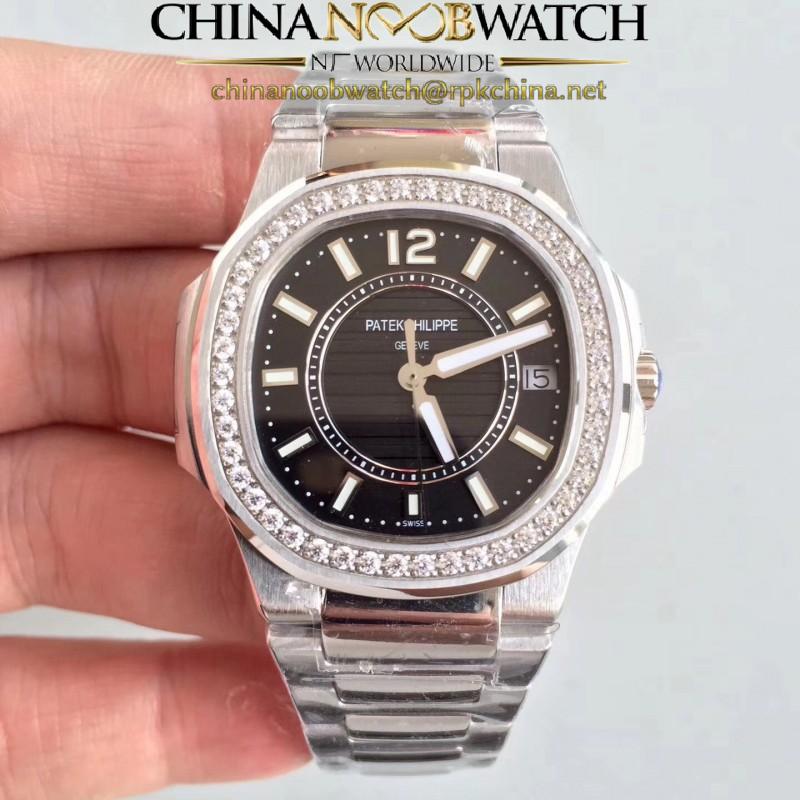 Replica Patek Philippe Nautilus Ladies 7010/1G-010 JJ Stainless Steel & Diamonds Black Dial Swiss Quartz E23-250 S C