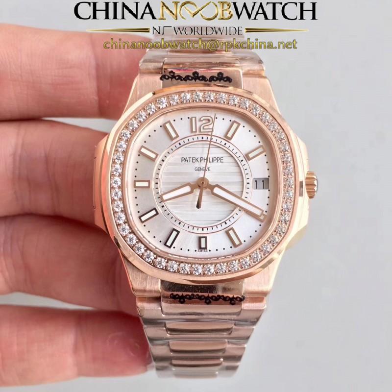 Replica Patek Philippe Nautilus Ladies 7010/1R-011 JJ Rose Gold & Diamonds Silver Dial Swiss Quartz E23-250 S C