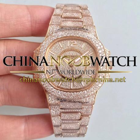 Replica Patek Philippe Nautilus Jumbo Ladies Paved With Diamonds 7021/1R-001 N Rose Gold & Diamonds Diamond Dial M9015