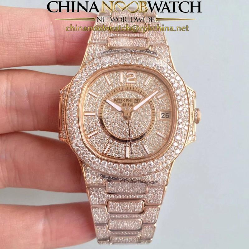 Replica Patek Philippe Nautilus Jumbo Ladies Paved With Diamonds 7021/1R-001 N Rose Gold & Diamonds Diamond Dial M9015