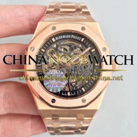 Replica Audemars Piguet Royal Oak Double Balance Wheel Openworked 15407 JF Rose Gold Black Skeleton Dial Swiss 3132