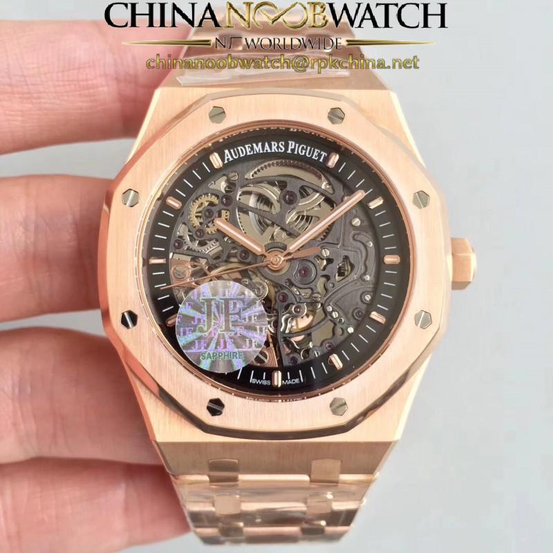 Replica Audemars Piguet Royal Oak Double Balance Wheel Openworked 15407 JF Rose Gold Black Skeleton Dial Swiss 3132