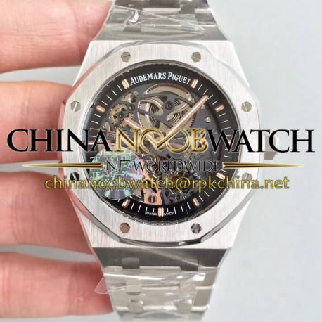 Replica Audemars Piguet Royal Oak Double Balance Wheel Openworked 15407 JF Stainless Steel Black Skeleton Dial Swiss 3132