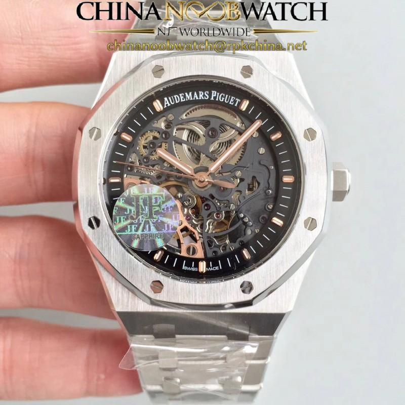 Replica Audemars Piguet Royal Oak Double Balance Wheel Openworked 15407 JF Stainless Steel Black Skeleton Dial Swiss 3132