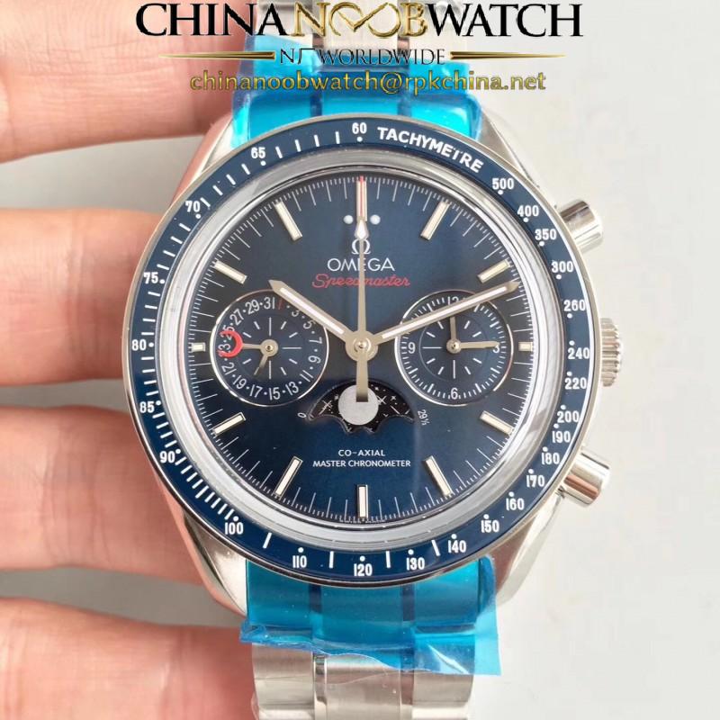 Replica Omega Speedmaster Moonwatch Moonphase Chronograph 304.33.44.52.03.001 BF Stainless Steel Blue Dial Swiss 9300