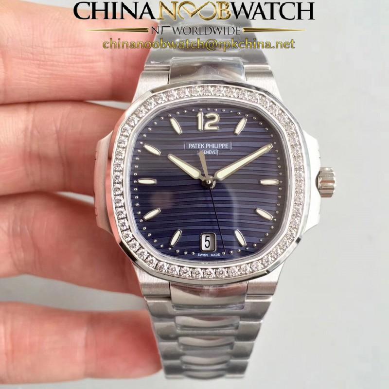 Replica Patek Philippe Nautilus Ladies 7018/1A-010 PF Stainless Steel & Diamonds Blue Dial Swiss 324 S C