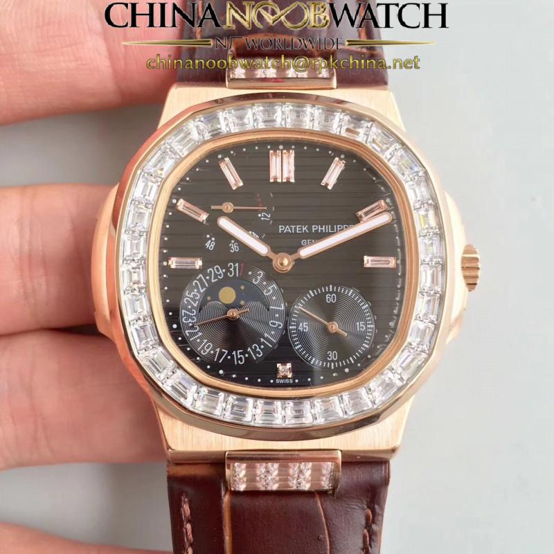 Replica Patek Philippe Nautilus Moonphase 5712R-001 N Rose Gold & Diamond Black Dial Swiss 240 PS IRM C LU