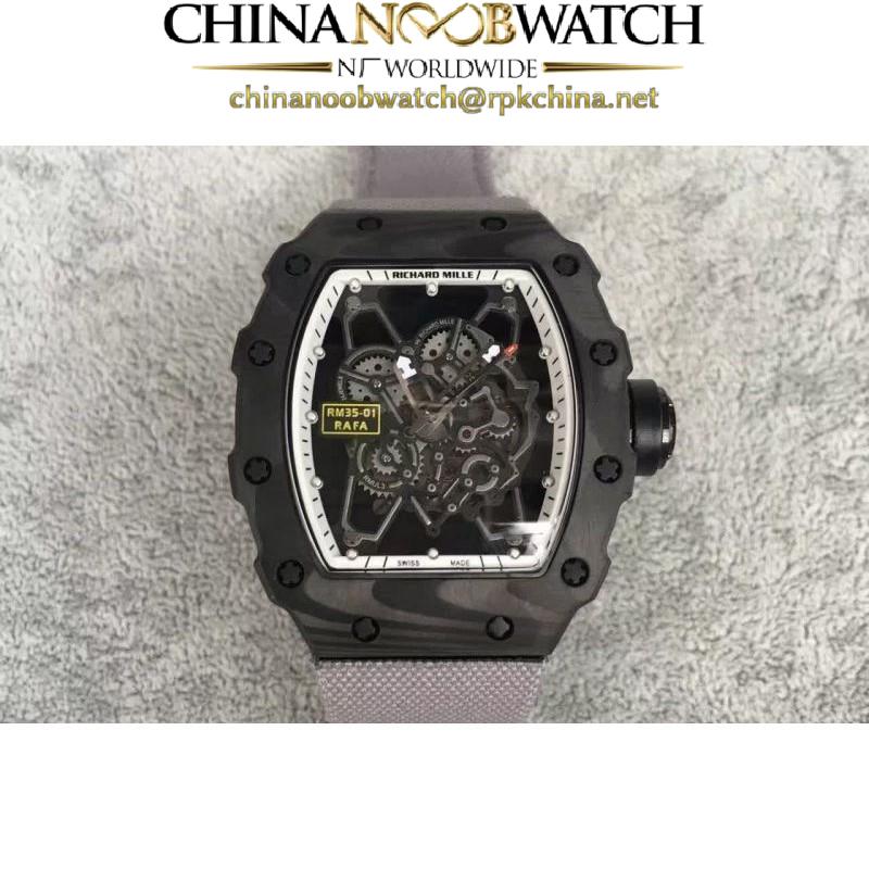 Replica Richard Mille RM35-01 Rafael Nadal Forged Carbon Skeleton White Dial Gray Nylon Strap M9015