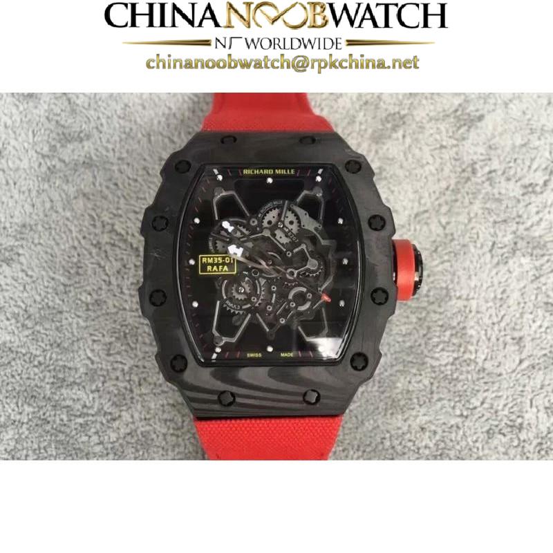 Replica Richard Mille RM35-01 Rafael Nadal Forged Carbon Skeleton Black Dial Red Nylon Strap M9015