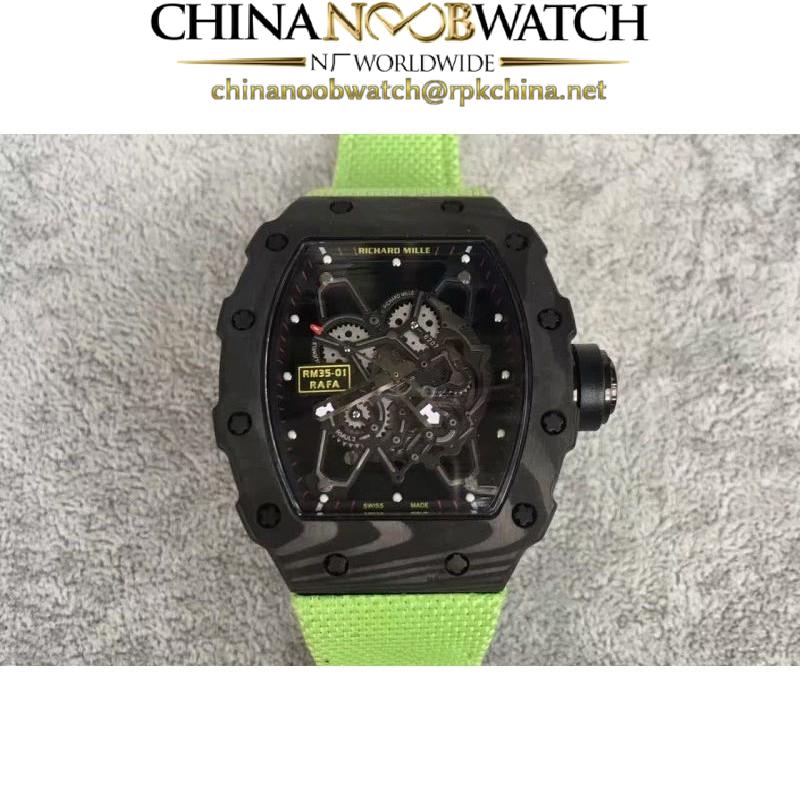 Replica Richard Mille RM35-01 Rafael Nadal Forged Carbon Skeleton Black Dial Green Nylon M9015