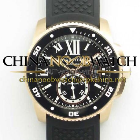 Replica Calibre De Cartier Diver W7100052 42MM JF Rose Gold Black Dial A23J