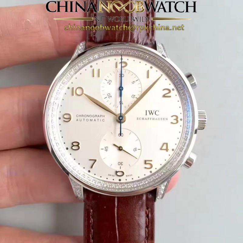 Replica IWC Portugieser Chronograph IW371445 ZF Stainless Steel & Diamonds White Dial Swiss 7750