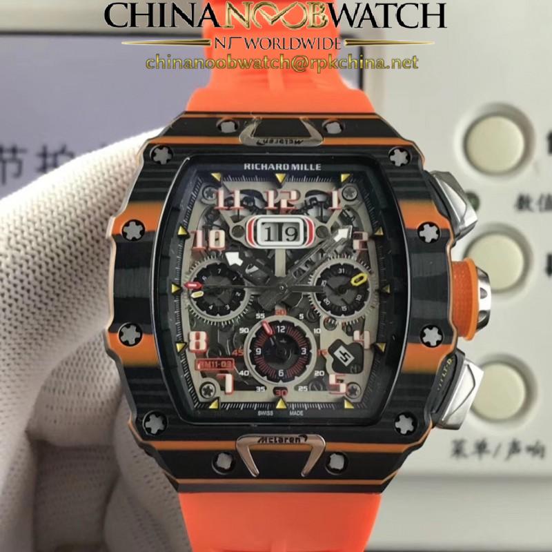 Replica Richard Mille RM011-03 McLaren Automatic Flyback Chronograph KV Black & Orange Forged Carbon Skeleton Dial Swiss 7750