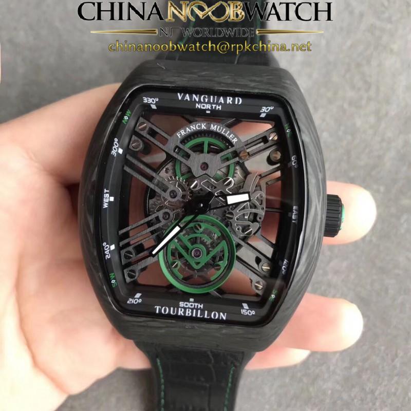 Replica Franck Muller Vanguard Skeleton V 45 S6 SQT CARBONE NR N Carbon Fiber Black & Green Skeleton Dial M9015