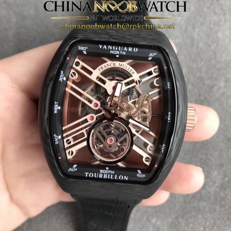 Replica Franck Muller Vanguard Skeleton V 45 S6 SQT CARBONE NR N Carbon Fiber Black & Rose gold Skeleton Dial M9015