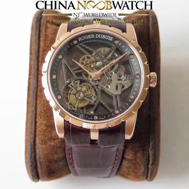 Replica Roger Dubuis Excalibur Skeleton Flying Tourbillon RDDBEX0392 BBR Rose Gold Skeleton Dial Swiss Tourbillon