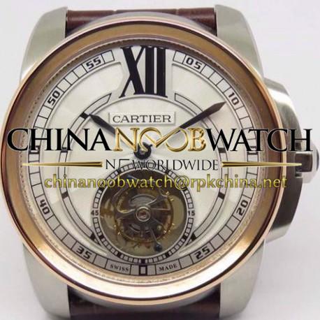 Replica Calibre De Cartier Tourbillon Stainless Steel & Rose Gold White Dial Swiss Tourbillon