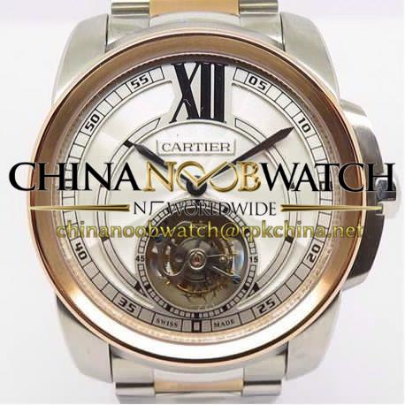 Replica Calibre de Cartier Tourbillon Stainless Steel & Rose Gold White Dial Swiss Tourbillon