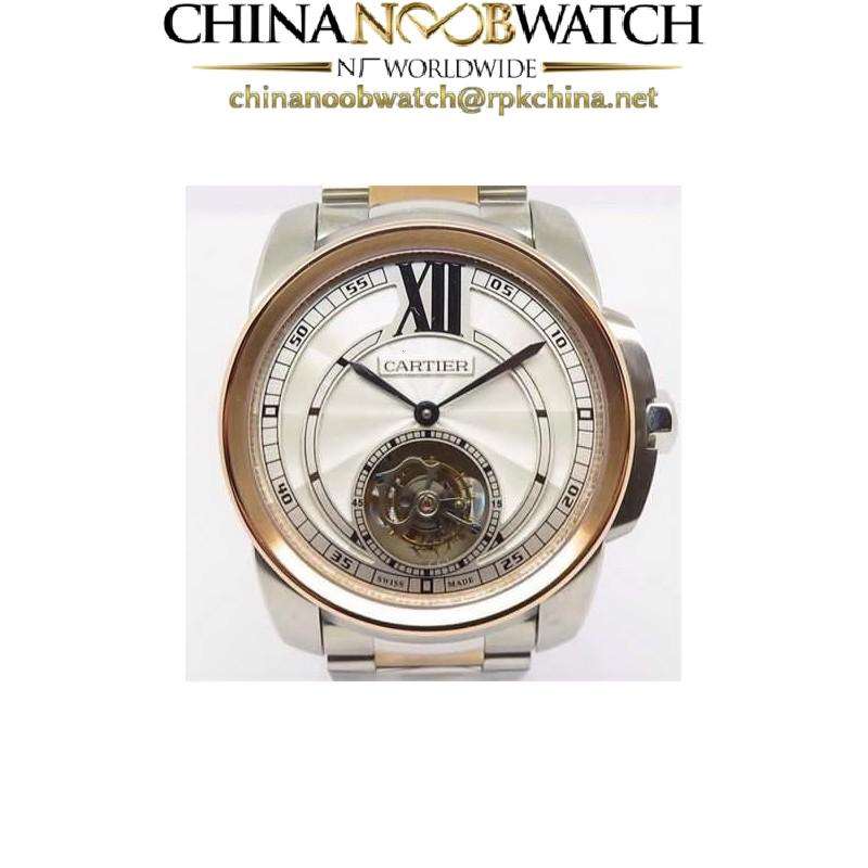 Replica Calibre de Cartier Tourbillon Stainless Steel & Rose Gold White Dial Swiss Tourbillon