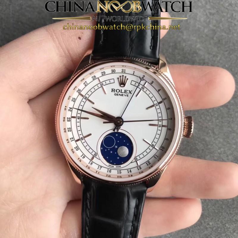 Replica Rolex Cellini Moonphase 50535 RXW Rose Gold White Dial Swiss 2824