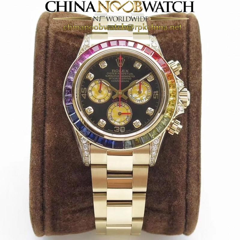 Replica Rolex Daytona Cosmograph Rainbow 116589RBOW BL Yellow Gold & Diamonds Black Dial Swiss 4130 Run 6@SEC