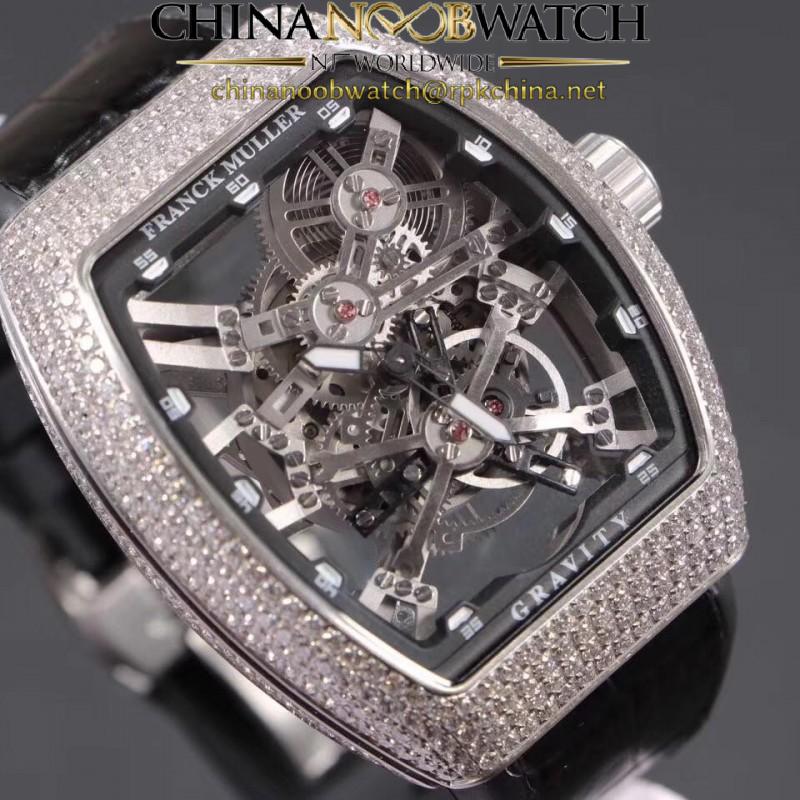 Replica Franck Muller Vanguard Gravity Skeleton V 45 T GRAVITY CS SQT Noob Stainless Steel & Diamonds Skeleton Dial M9015