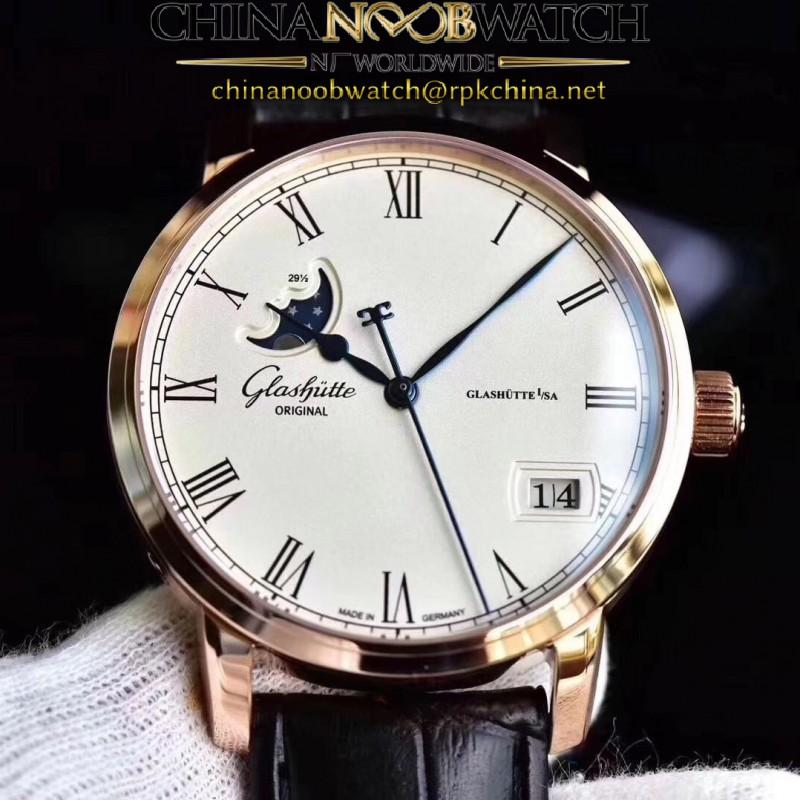 Replica Glashutte Senator Panorama Date Moon Phase 100-04-32-15-04 GF Rose Gold White Dial Swiss 100-04