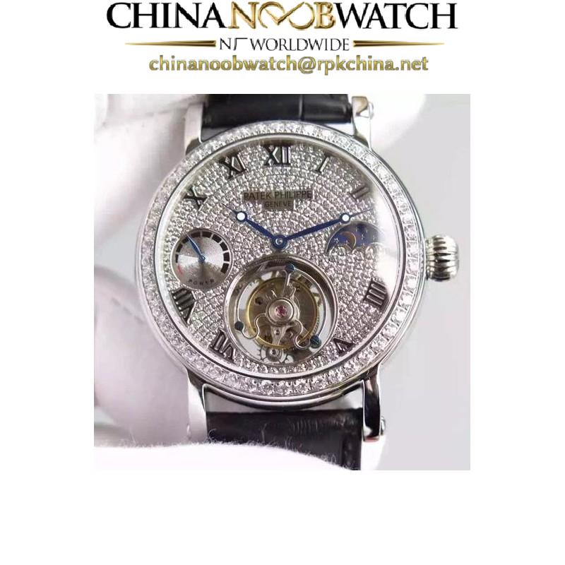 Replica Patek Philippe Tourbillon Moonphase Power Reserve Stainless Steel Diamonds Bezel Swiss Tourbillon