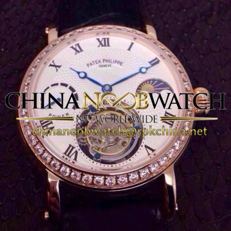 Replica Patek Philippe Tourbillon Moonphase Power Reserve Rose Gold Diamonds Bezel Swiss Tourbillon