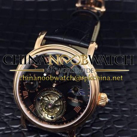 Replica Patek Philippe Tourbillon Moonphase 24H Power Reserve Rose Gold Black Dial Swiss Tourbillon