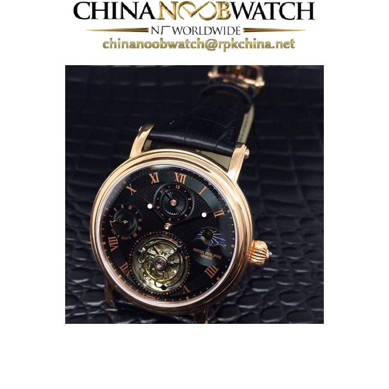 Replica Patek Philippe Tourbillon Moonphase 24H Power Reserve Rose Gold Black Dial Swiss Tourbillon