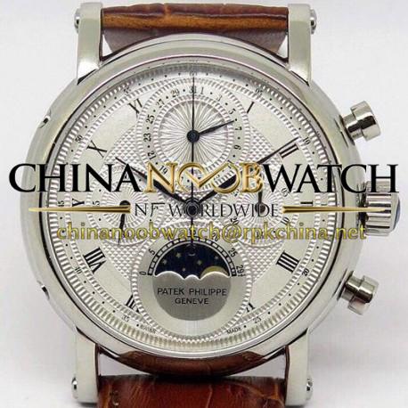 Replica Patek Philippe Moonphase Chronograph Stainless Steel White Dial Lemania