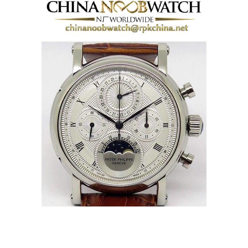 Replica Patek Philippe Moonphase Chronograph Stainless Steel White Dial Lemania