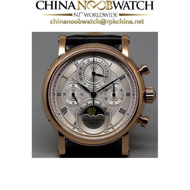 Replica Patek Philippe Moonphase Chronograph Rose Gold  White Dial Lemania