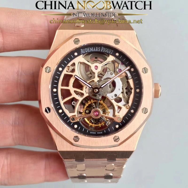 Replica Audemars Piguet Royal Oak Tourbillon Extra-Plate Squelette 26518 JF Rose Gold Black Skeleton Dial Swiss 2924