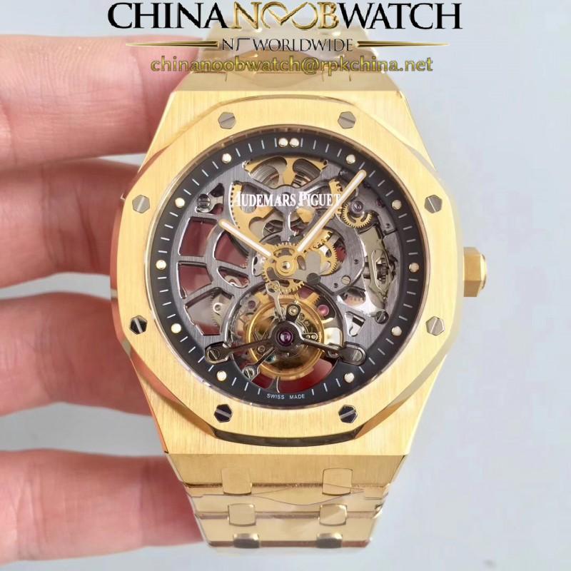 Replica Audemars Piguet Royal Oak Tourbillon Extra-Plate Squelette 26518 JF Yellow Gold Black Skeleton Dial Swiss 2924