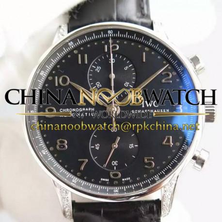 Replica IWC Portuguese Chronograph Stainless Steel & Diamonds Black Dial Swiss 7750