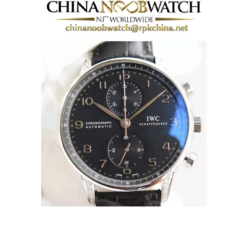 Replica IWC Portuguese Chronograph Stainless Steel & Diamonds Black Dial Swiss 7750