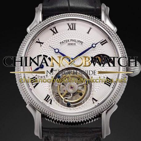 Replica Patek Philippe Tourbillon Moonphase Power Reserve Stainless Steel White Dial Swiss Tourbillon