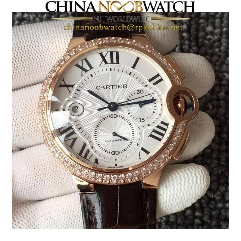 Replica Cartier Ballon Bleu Chronograph Rose Gold & Diamonds White Dial Swiss 7750