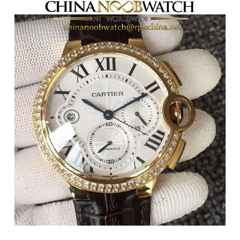 Replica Cartier Ballon Bleu Chronograph Yellow Gold & Diamonds White Dial Swiss 7750