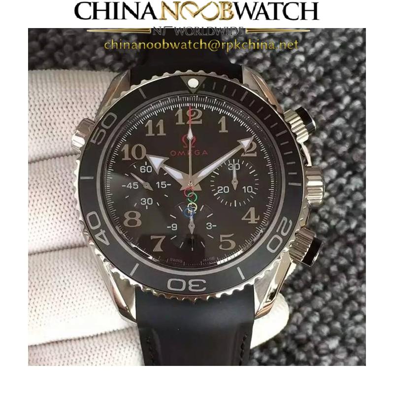 Replica Omega Seamaster Planet Ocean Chronograph Olympics Stainless Steel Black Dial Black Rubber Strap Swiss 7750