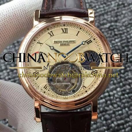 Replica Patek Philippe Tourbillon Moonphase Power Reserve Rose Gold Gold Dial Swiss Tourbillon