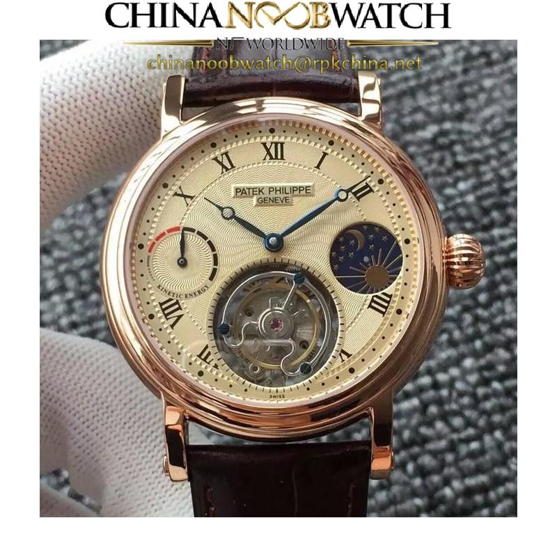 Replica Patek Philippe Tourbillon Moonphase Power Reserve Rose Gold Gold Dial Swiss Tourbillon